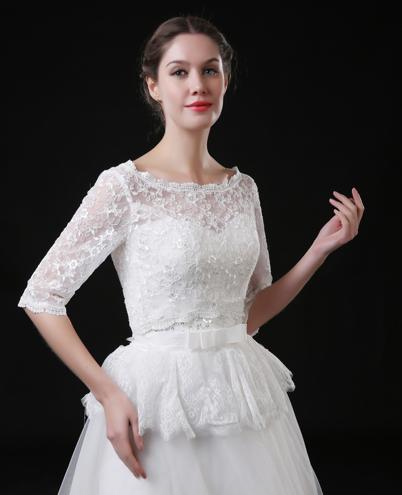 Weiße, elfenbeinfarbene brautjacken mit halben ärmeln und spitze, hochzeitsumhänge, applikationen, brautboleros, wickel auf Lagerbier