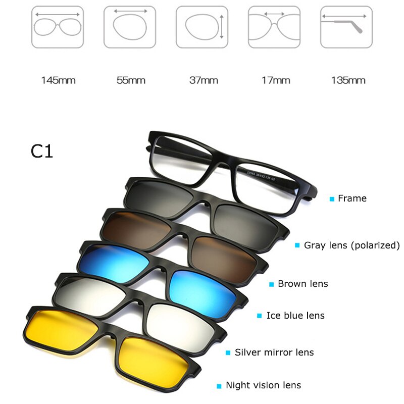 Montura de gafas ópticas para hombre y mujer, gafas de sol magnéticas polarizadas con 5 enganches para miopía, lentes masculinos RS219