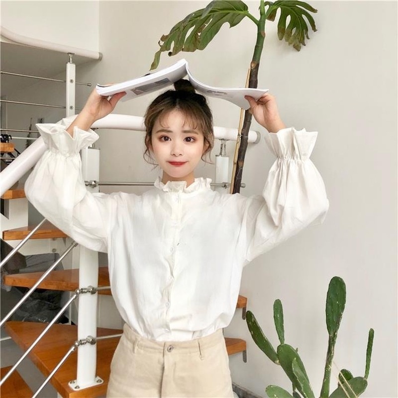 Blusa branca para mulheres, harajuku, roupas femininas, tops e blusas para mulheres, manga alargada, estilo coreano, nova moda, ulzzang chic