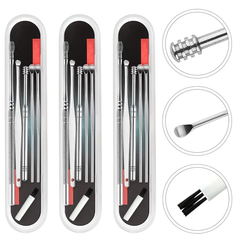 3 Sets Reinigingsborstel Oor Lepel Set Rvs Ear Wax Removal Tools Oor Picks Cleaning Brush Kit Professionele Oor wax