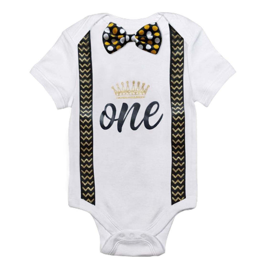 Handsome Short sleeve Bowtie Print First Birthday Bodysuit For Baby Boy: F