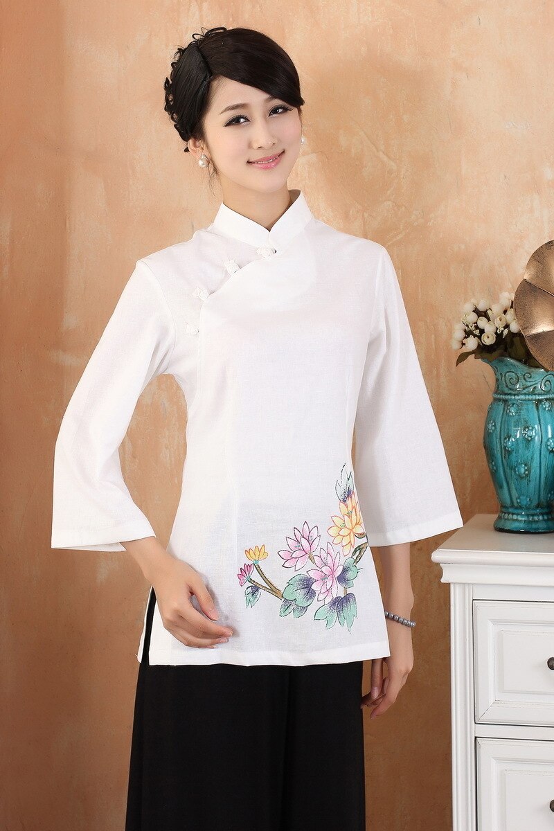 Nueva camisa de lino de algodón Casual a la para mujer, blusa Cheongsam china, blusas Qipao para mujer, camisa con cuello levantado con estampado de flores