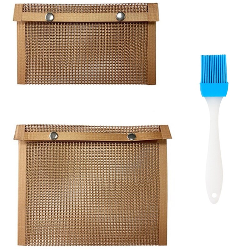 2 antiaanbak barbecuezakken, herbruikbaar voor buiten, gemakkelijk schoon te maken, hittebestendige bakzakken met 1 siliconen borstel