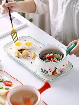 Plats de petit déjeuner créatifs avec la poignée bol en céramique ins vaisselle mignonne