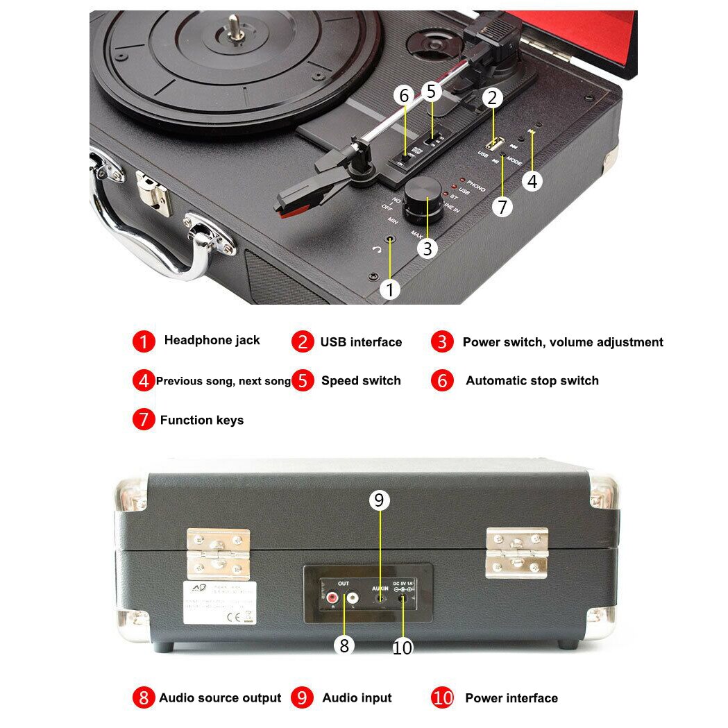 Portable Turntable Player with Speakers Vintage Phonograph Record Player Stereo Sound Turntables for 180/200/300mm Records