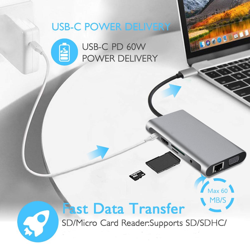 Adaptateur HUB USB type-c 11 en 1, 4K, HDMI, VGA, RJ45 Lan, Ethernet, SD/TF, 3.5MM, AUX, Station d&#39;accueil, séparateur pour ordinateur portable