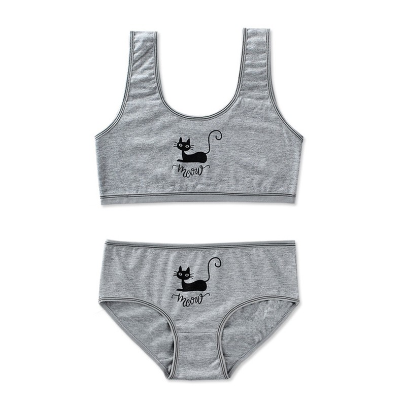 Adolescenti ragazze 2 pezzi Set di biancheria intima simpatico gatto nero stampa cinturino largo reggiseno da allenamento gilet a righe Top e mutandine abbinate sport U: Gray