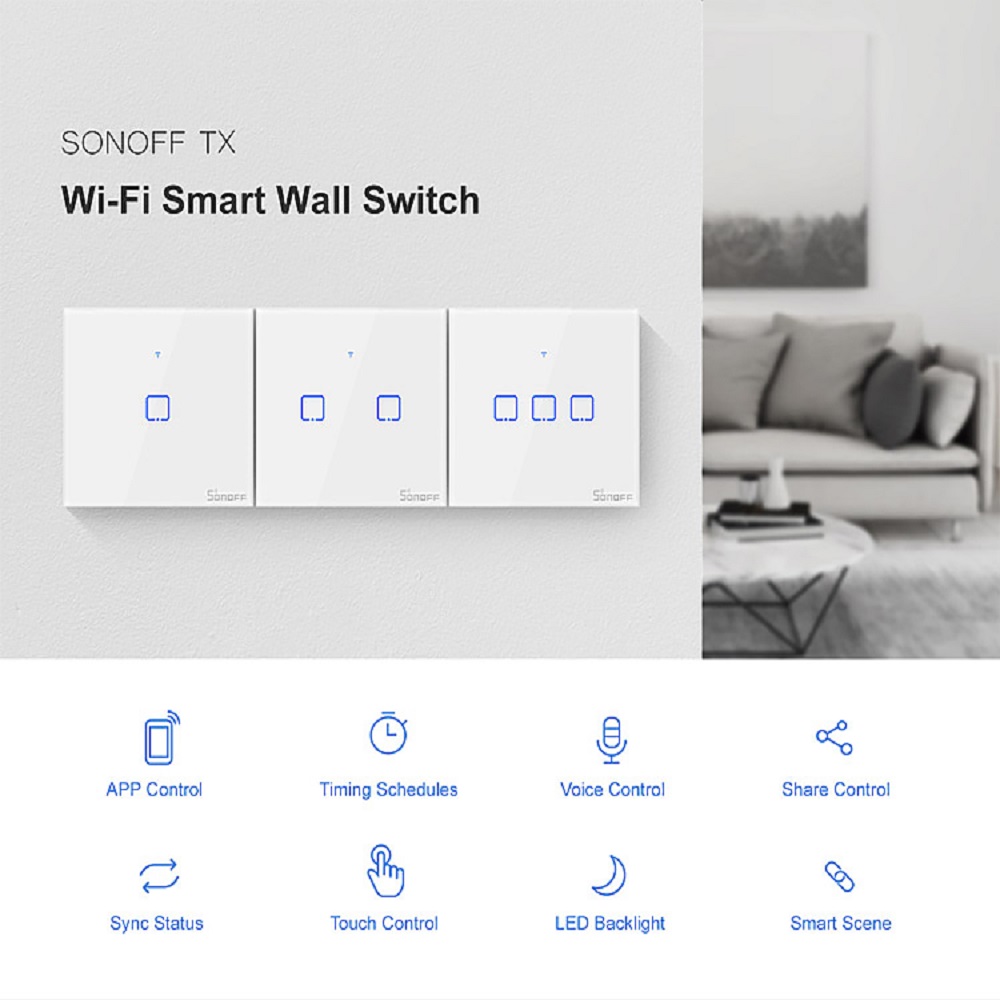 SONOFF T2 UE/Reino Unido 1/2/3/banda Wifi Panel de pared luz enchufe interruptor RF de 433mhz /Touch/eWelink Control remoto inalámbrico Google Alexa