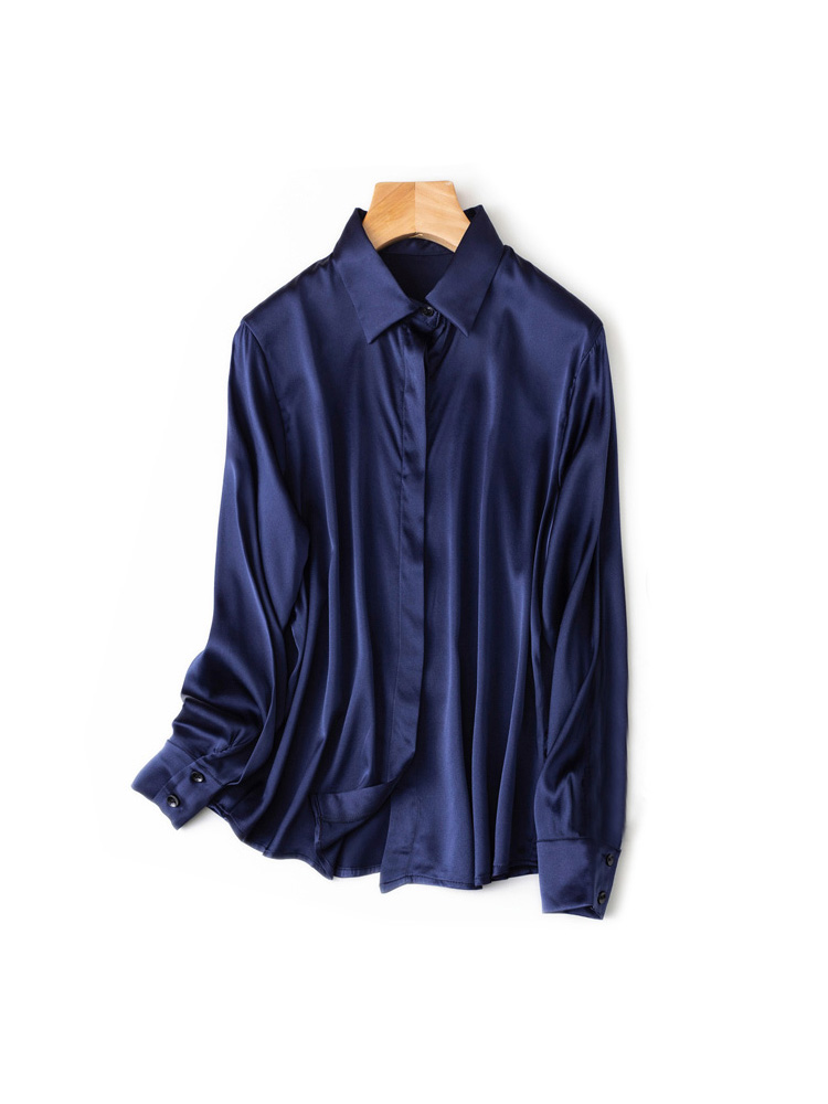 SuyaDream-camisas lisas de seda 93% auténtica para mujer, Blusa de manga larga de 7% licra, Top para oficina, primavera y otoño, 2022: XXL / Azul oscuro