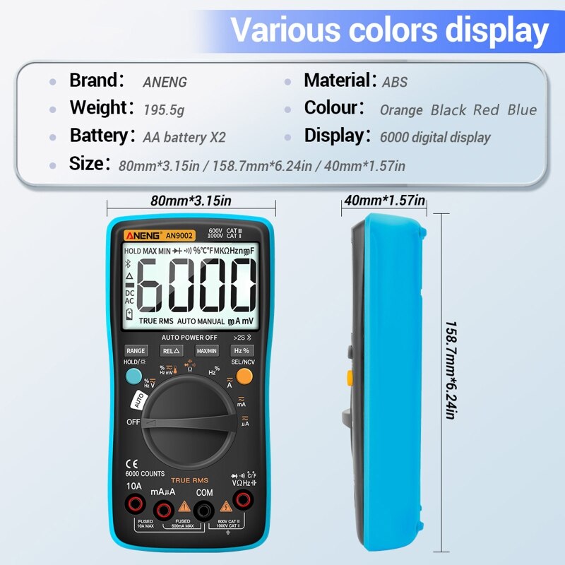 An9002 digitale true rms 6000 counts bluetooth multimeter ac/dc stroom/spanning tester auto-range multimeter