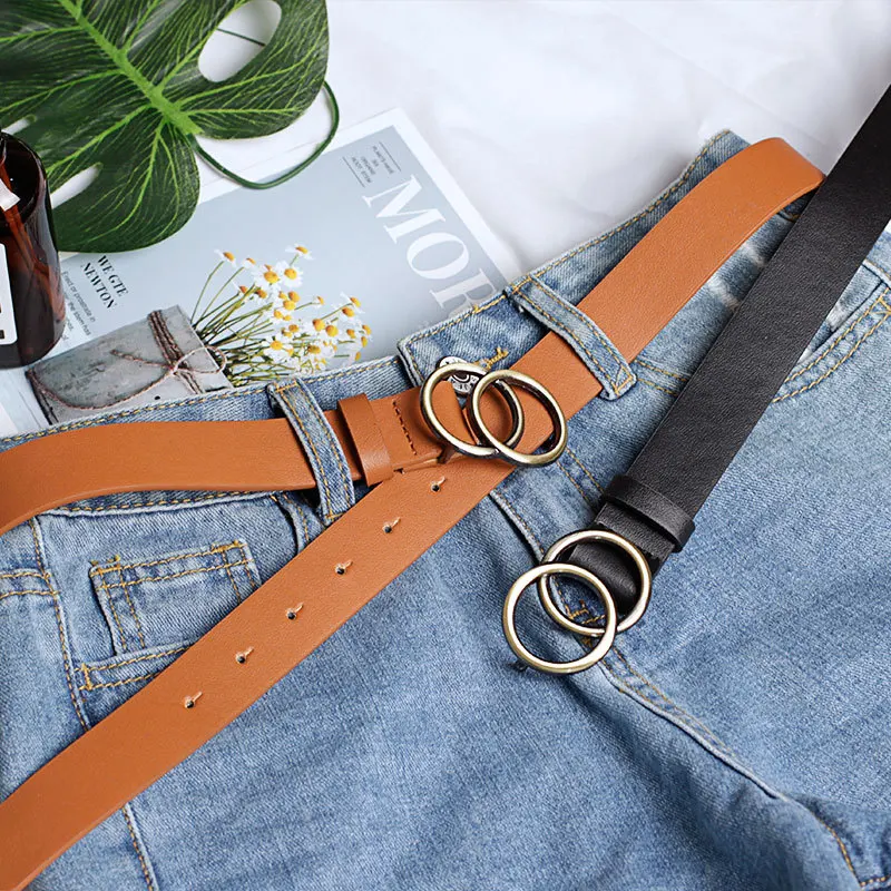 Big Double Ring Circle Metal Buckle Belt Women Wild Waistband Ladies Wide Leather Straps Belts for Leisure Dress Jeans