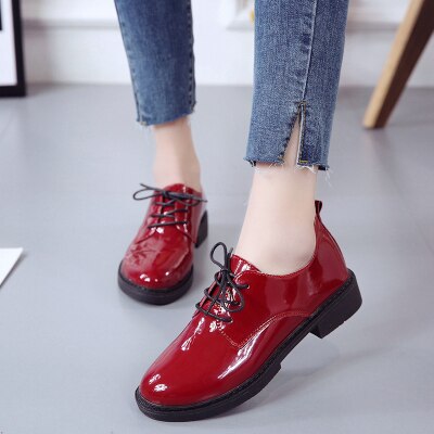Women Flats British Style Oxford Shoes Women Spring Oxfords Flat Heel Casual Shoes Lace Up Women Shoes: Red / 4