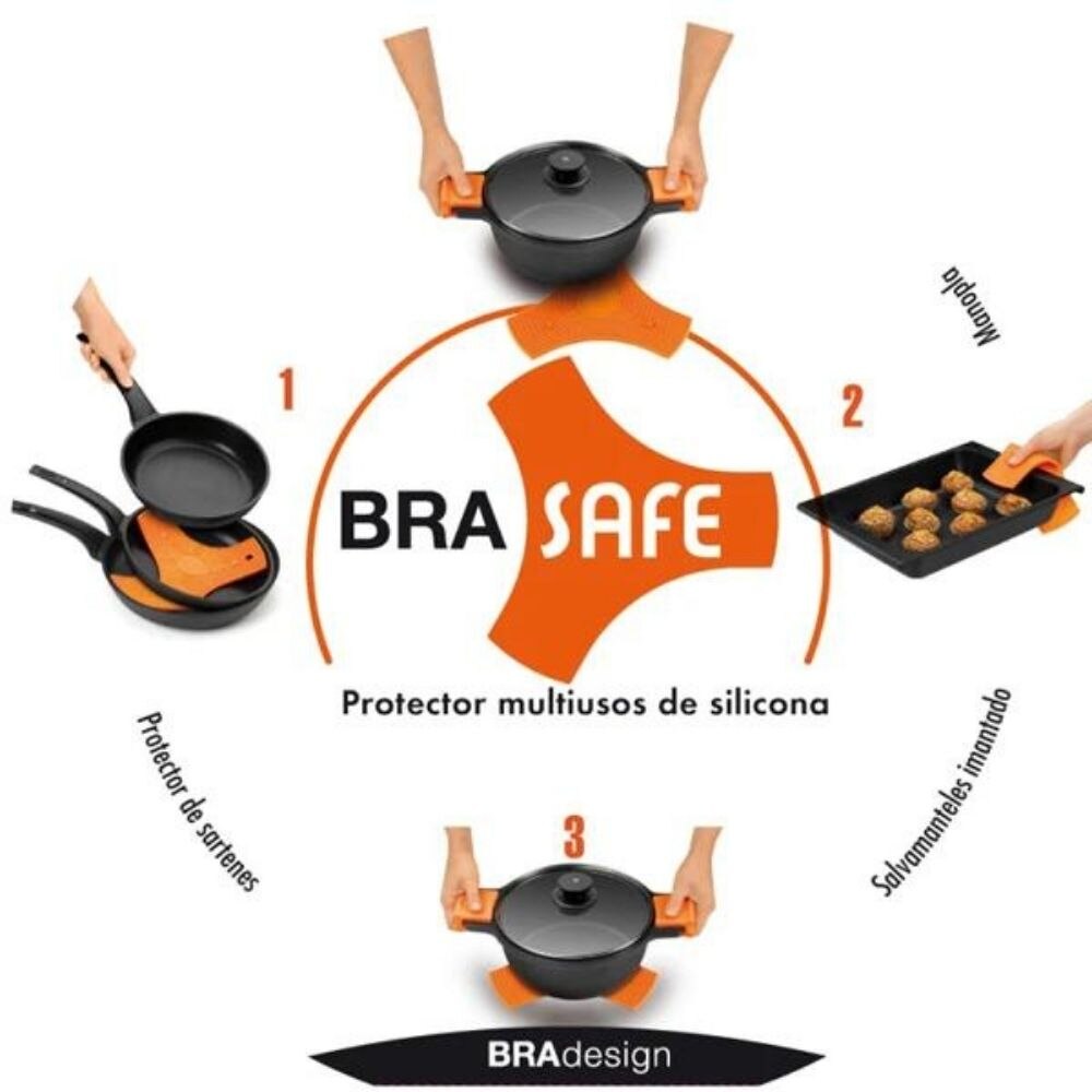 Multiusos 3 en 1 Bra Safe en Color Naranja. Protector de Sartenes, Salvamanteles imantado y Manopla de silicona con Imán.