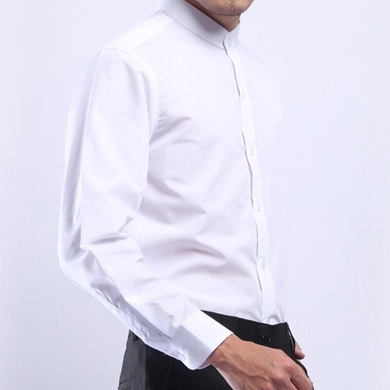 Men Mandarin Stand Collar White Dress Shirt Long Sleeve Chinese Style Single Breasted