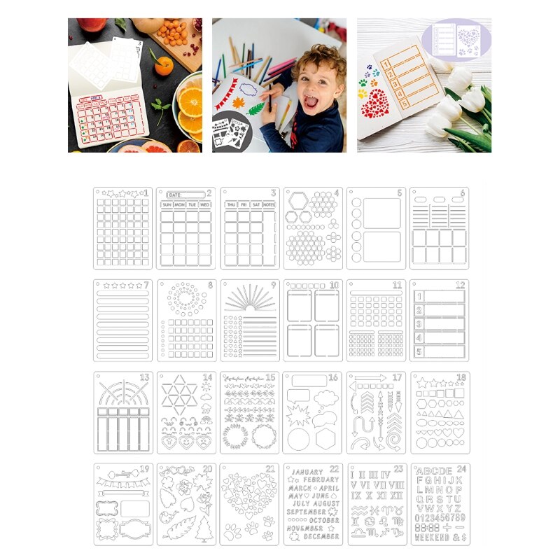 Bullet Journal-sjablonenset, 6 stuks, flexibele PET-recordsjablonen voor journaling, accessoires, herbruikbare plannsjablonen, met vierkanten, lijnen, cirkels voor notitieboek, scrapbooking