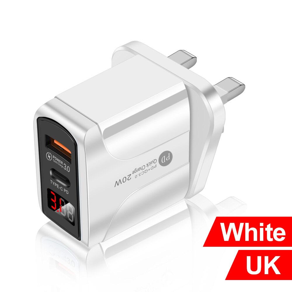 Quick Charge 3.0 Qc Dual Usb Pd USB-C Oplader Digitale Display Fast Charger Voor Iphone 12 7 Xiaomi Samsung Huawei muur Laders: UK White