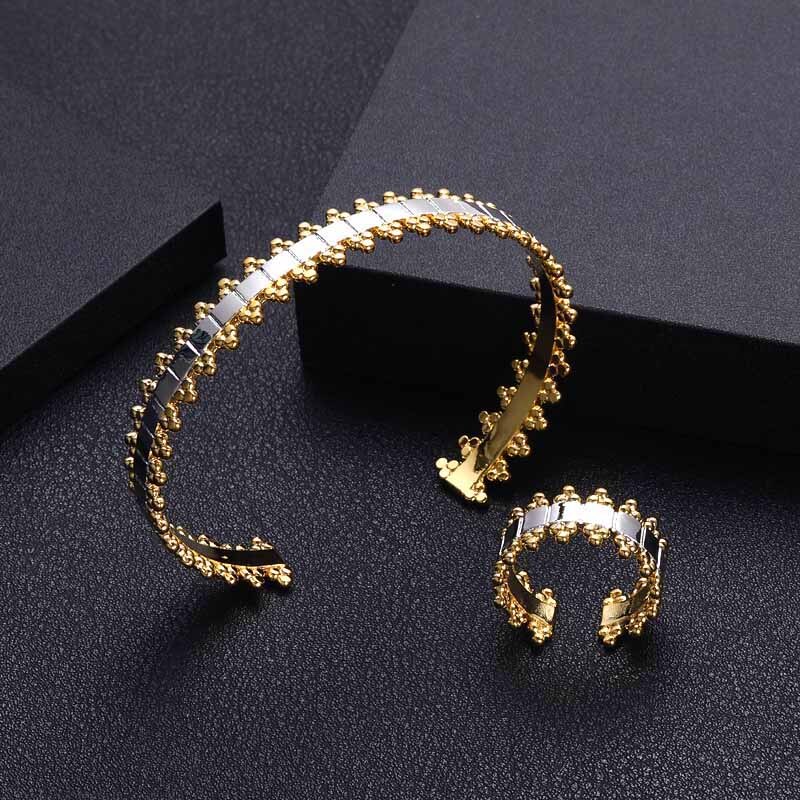 Luxe Unieke Dubai Armband Ring Set Sieraden Sets Voor Vrouwen Wedding Kubieke Zirkoon Crystal CZ Dubai Bruids Sieraden Set: 2 Tones