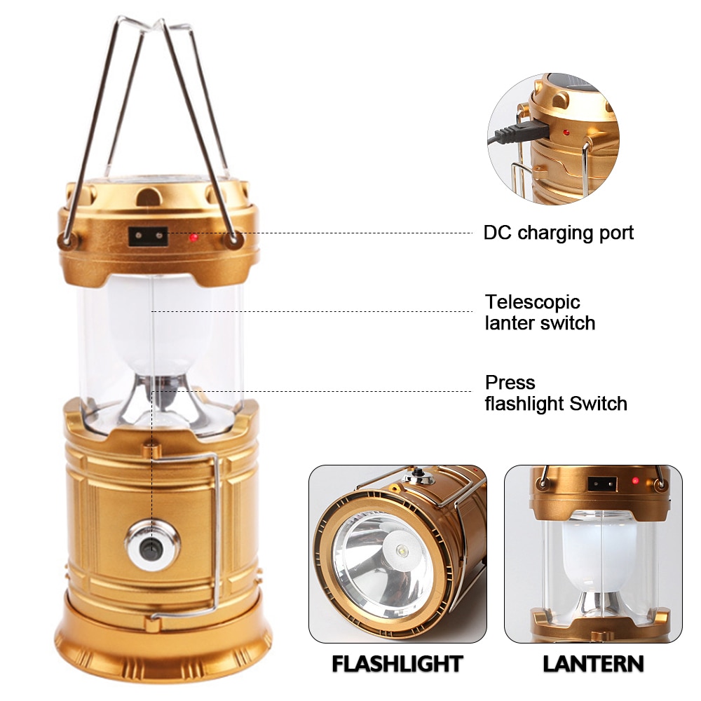 Camping lampe usb genopladelig camping lys udendørs telt lys lanterne solenergi sammenklappelig lampe lommelygte nødfakkel
