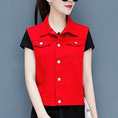 Dames denim jasje lente zomer korte denim dames vest casual slim enkelrijs mouwloos jeans jassen jassen: Rood / Xxl