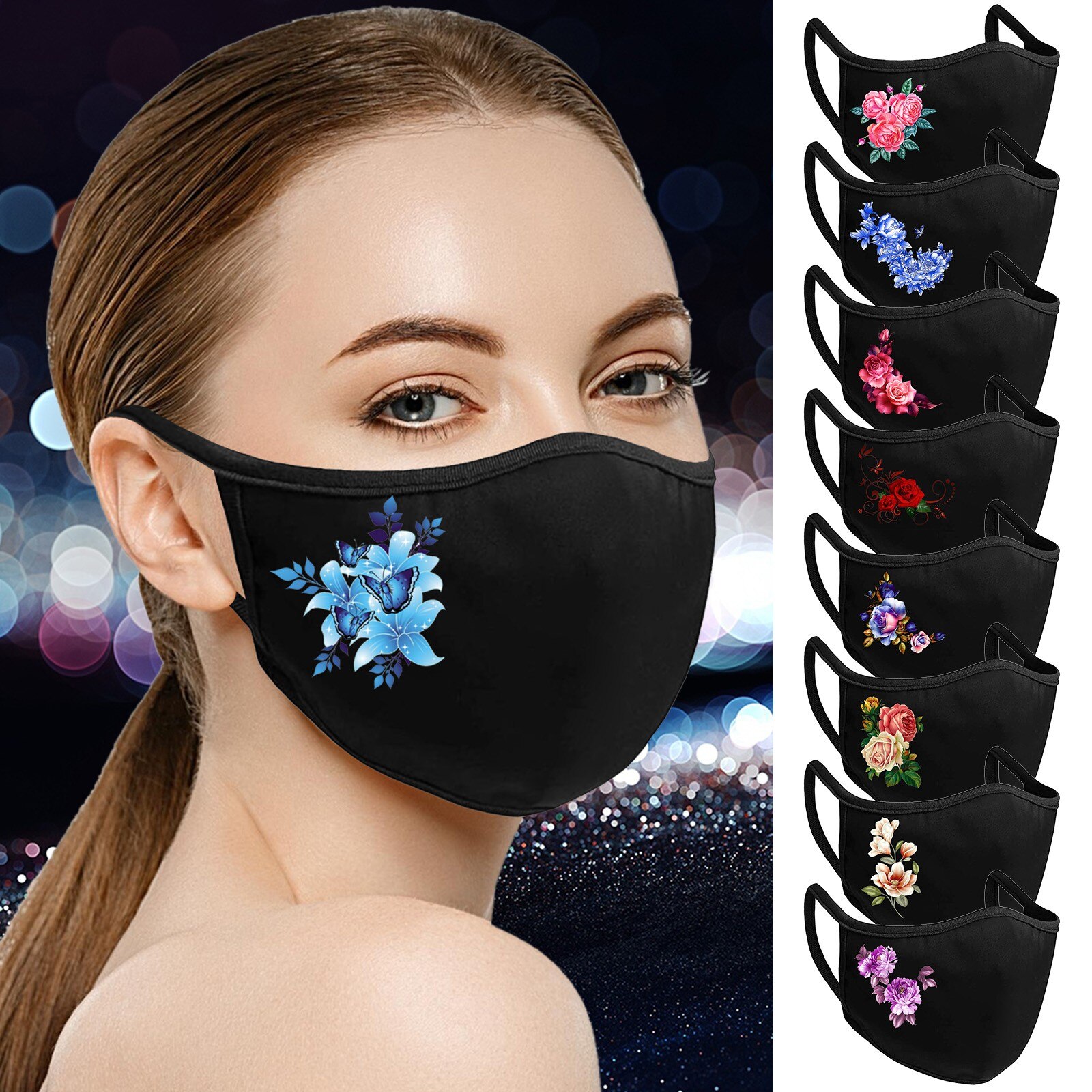 Plus Size Adult Black Ski Fasemask Flower Printed Fabric Reusable Breathable Cotton Mascarillas Bandana