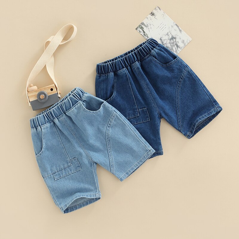 Blotona Little Boy Shorts, Elastic Waist Solid Color Denim Shorts with Pockets for Summer Spring Summer, 18Months-6Years