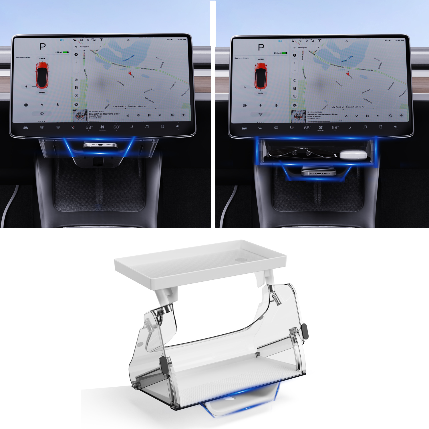Verborgen opbergorganizer onder scherm, compatibel met Telsa Model 3, model Y 2024 | Past niet op 2024 Model 3 (Highland): WHITE