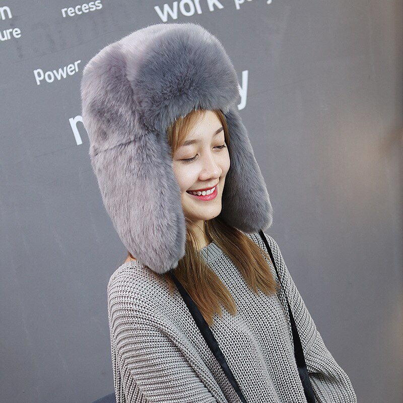 Winter Thick Warm Hats Faux Rabbit Fur Russian Fur Cap Bomber Hat Lady Ski Outdoor Fur Caps: Grey