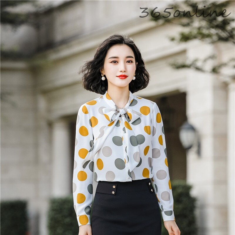 Gedrukt Lange Mouwen Blouses voor Vrouwen Kantoor Werkkleding Lente Herfst Shirts Blouse Blusas Tops Kleding met Vlinderdas