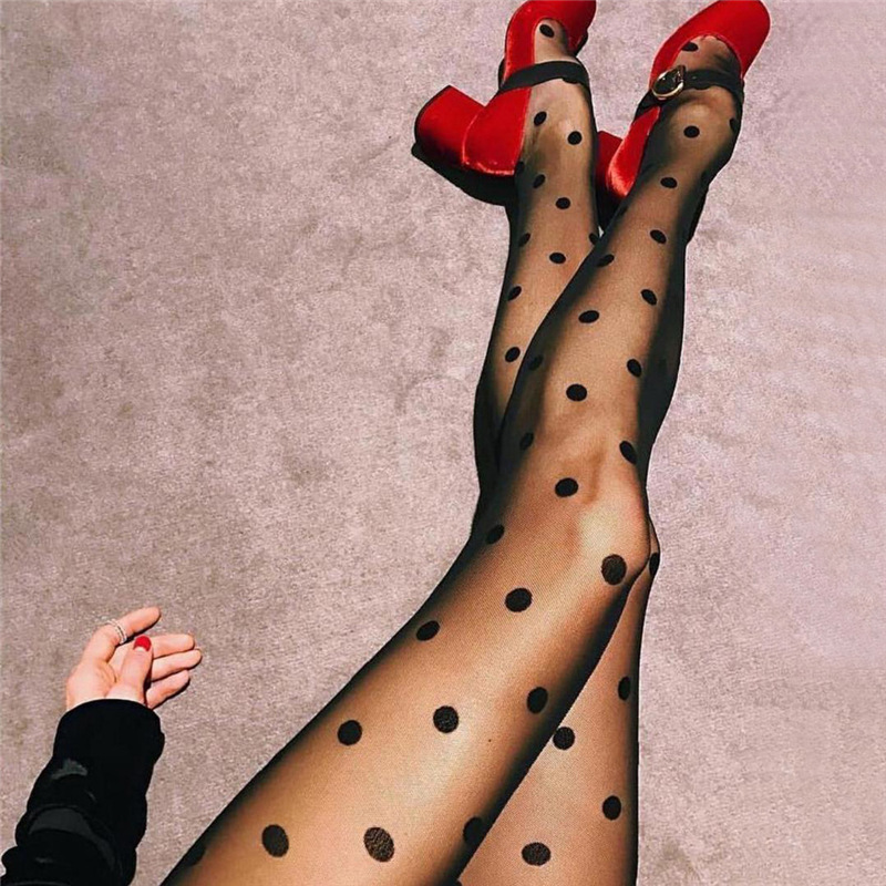 Medias con estampado de lunares para mujer, medias sexys de malla de rejilla sin costuras de nailon, negro y blanco, medias de seda para discoteca