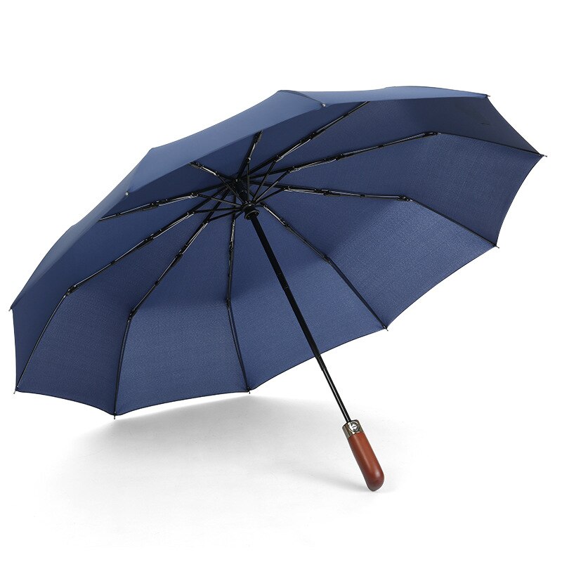 Fuldautomatisk 10- ben vindtæt massivt træhåndtag regnfuld paraply tre gange mænds forretningsparaply