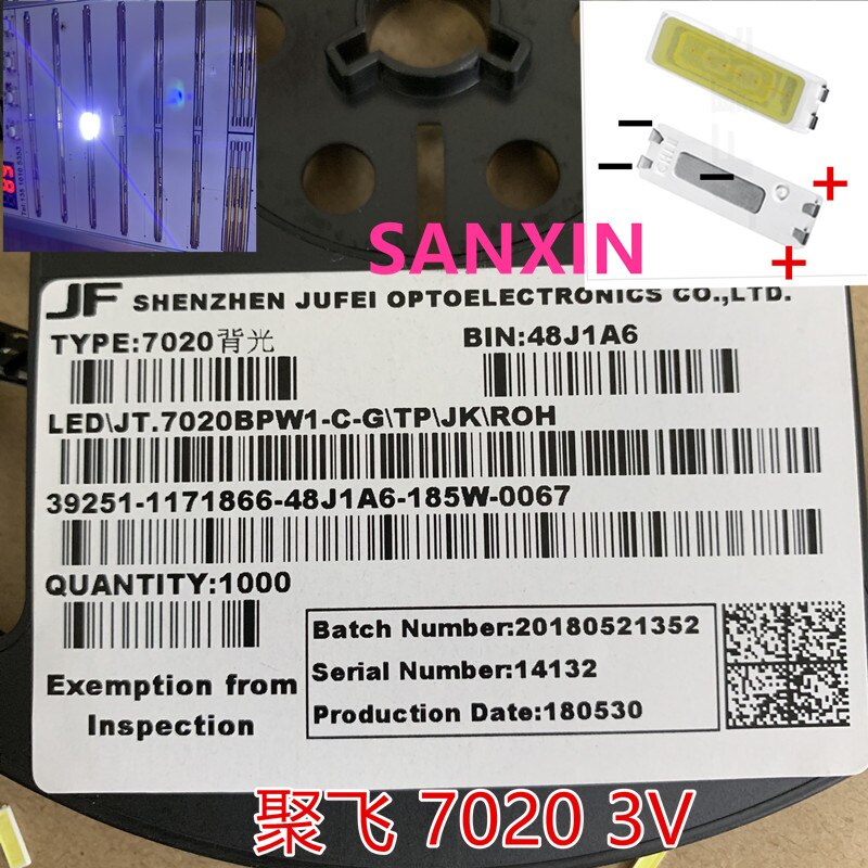 100 stk/parti jufei smd led 7020 3v 0.7w 240ma køl... Grandado