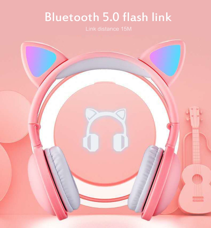 Wireless Headphones With LED Light Cat Ear Noise Cancelling Bluetooth Headphones Bluetooth 5.0 Kids Girl Headset With Mic