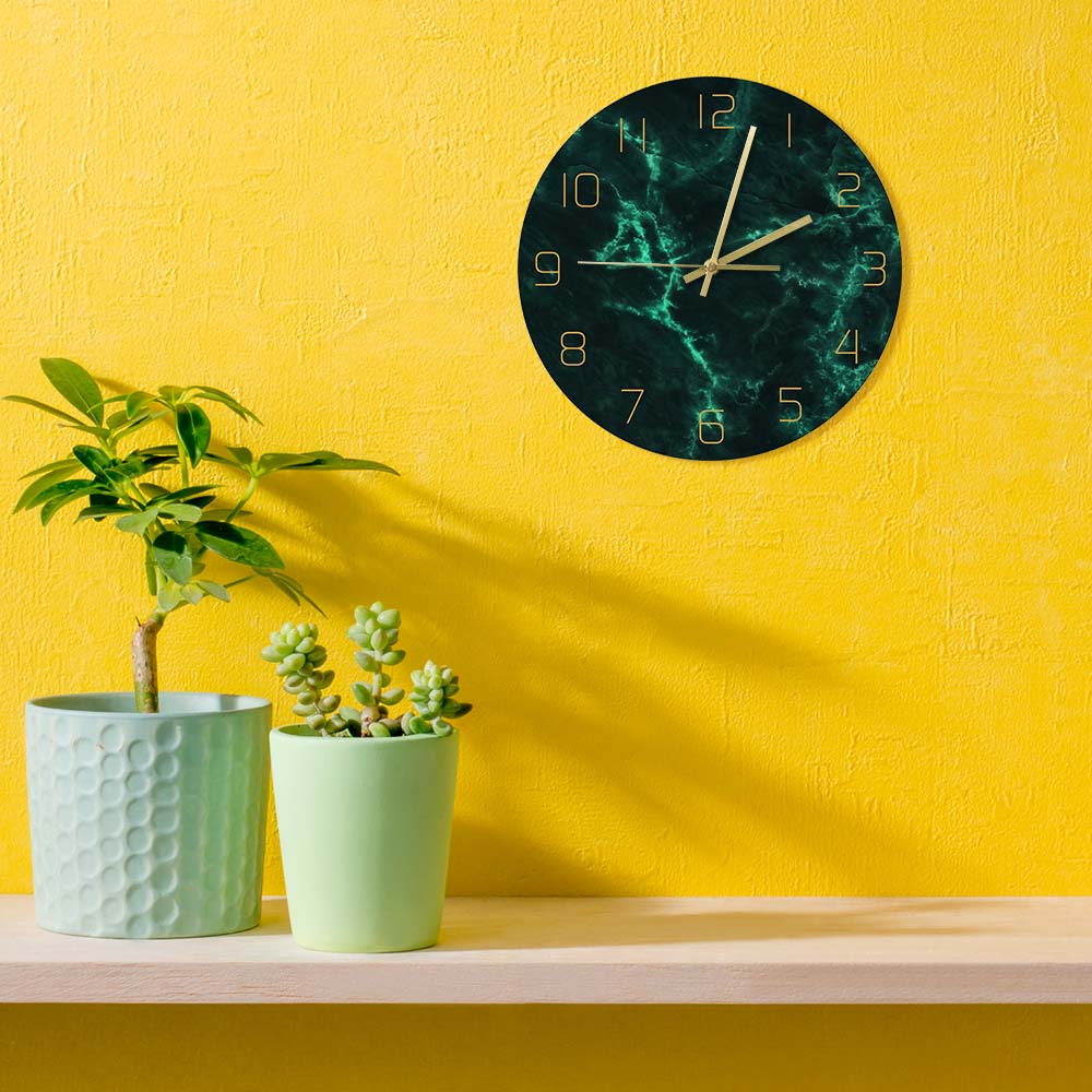 Morden minimalistisk nordisk grön marmor mönstrad väggklocka 12 tum rund tyst icke-tickande väggklocka