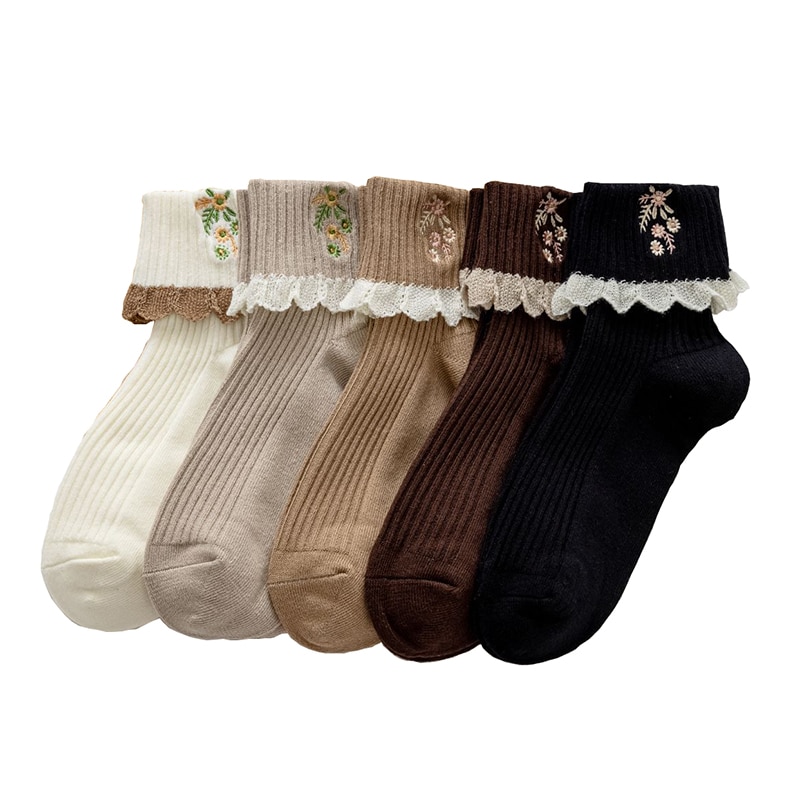 Calcetines con bordes de encaje para Mujer, medias con bordado de flores, Estilo Vintage, invierno, 2 pares