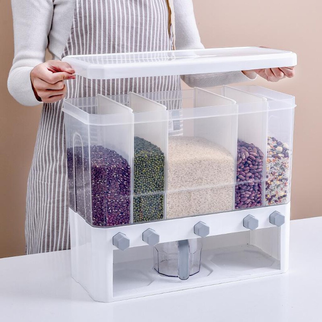 Kitchen Dry Food Dispenser 5-Grid Cereal Dispensers Food Storage box Container Plastic Storage Tank for Cereal Rice, Nuts, Grain