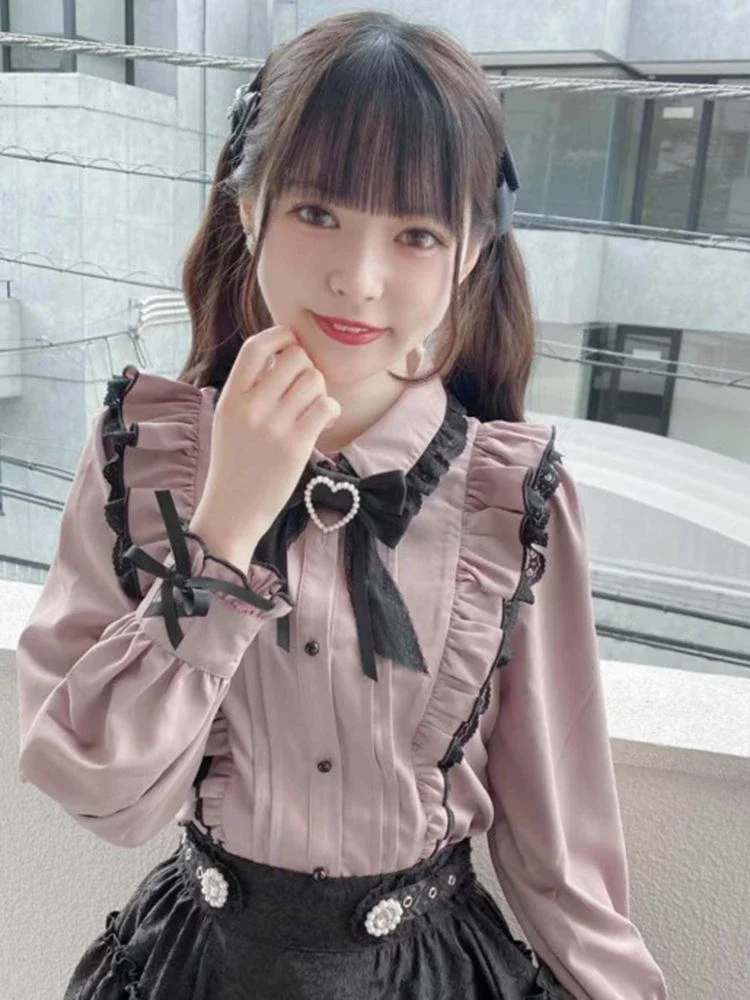 Chemise à volants en dentelle japonaise Kawaii pour femmes, chemisier à nœud rose Y2k, Harajuku, hauts mignons pour dames, nouvelle Lolita Blusas Femme 2025