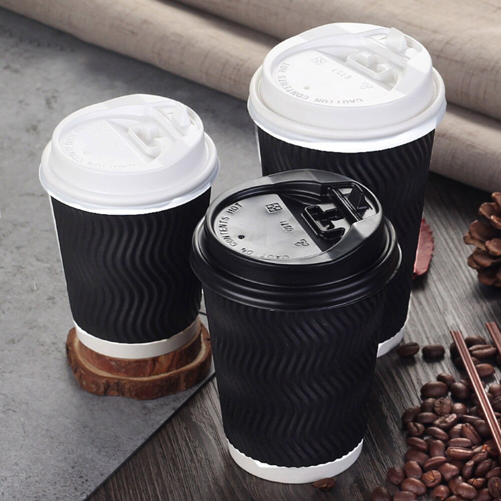 50pcs Disposable Coffee Cups Insulation Takeaway Threaded Paper Cup 8oz Black