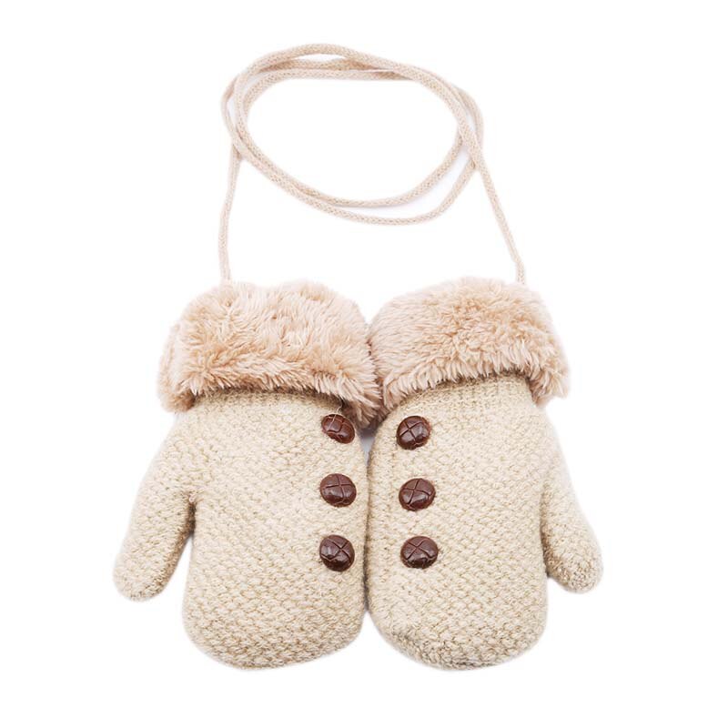 Xmas Winter Baby Boys Girls Gloves Full Finger Kids Mittens Warm Acrylic Rope Gloves Children Knitting Solid Button Mittens: beige