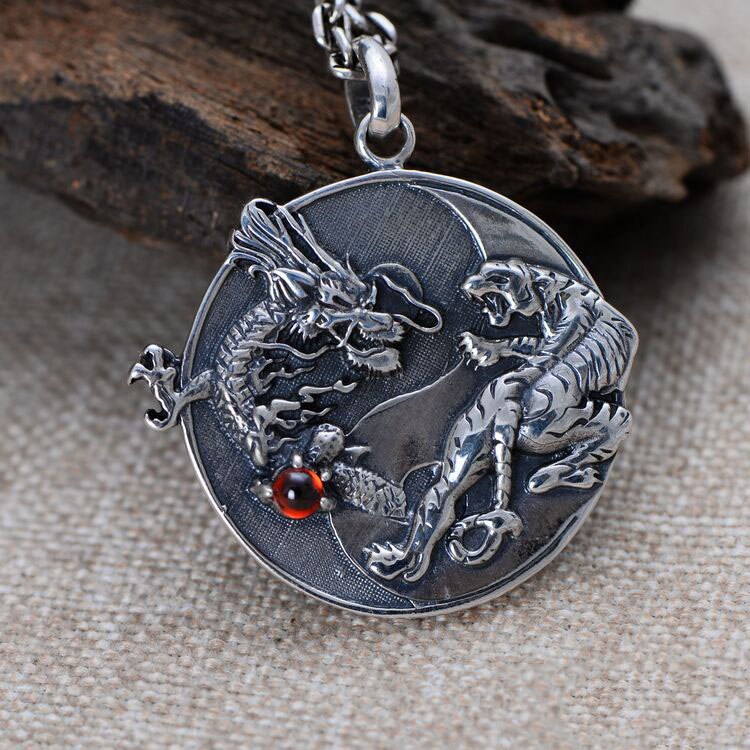 Collier pendentif Dragon tigre 100% argent 925 fait à la main, amulette 925 Sterling Fengshui Taichi Yinyang porte-bonheur