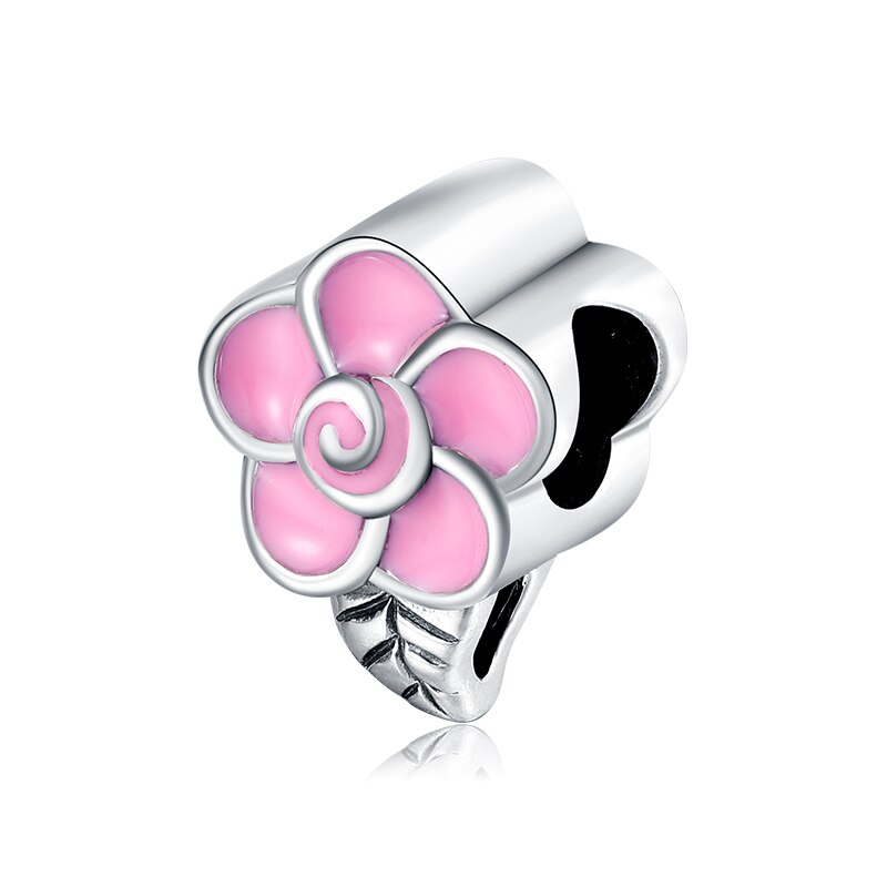 Pink Enamel Flower CZ Charms Beads Dangle Bud Silver 925 Fit Original JIUHAO Charm Bracelets Pendant Jewelry Making: PC0360