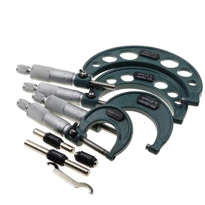 4 stks/set Buiten Micrometer Machinist Tool Set 0-25mm/25-50mm/50-75 m/75-100 m, 0.01mm Nauwkeurigheid, Precisie Weegschaal met Carbide Tips