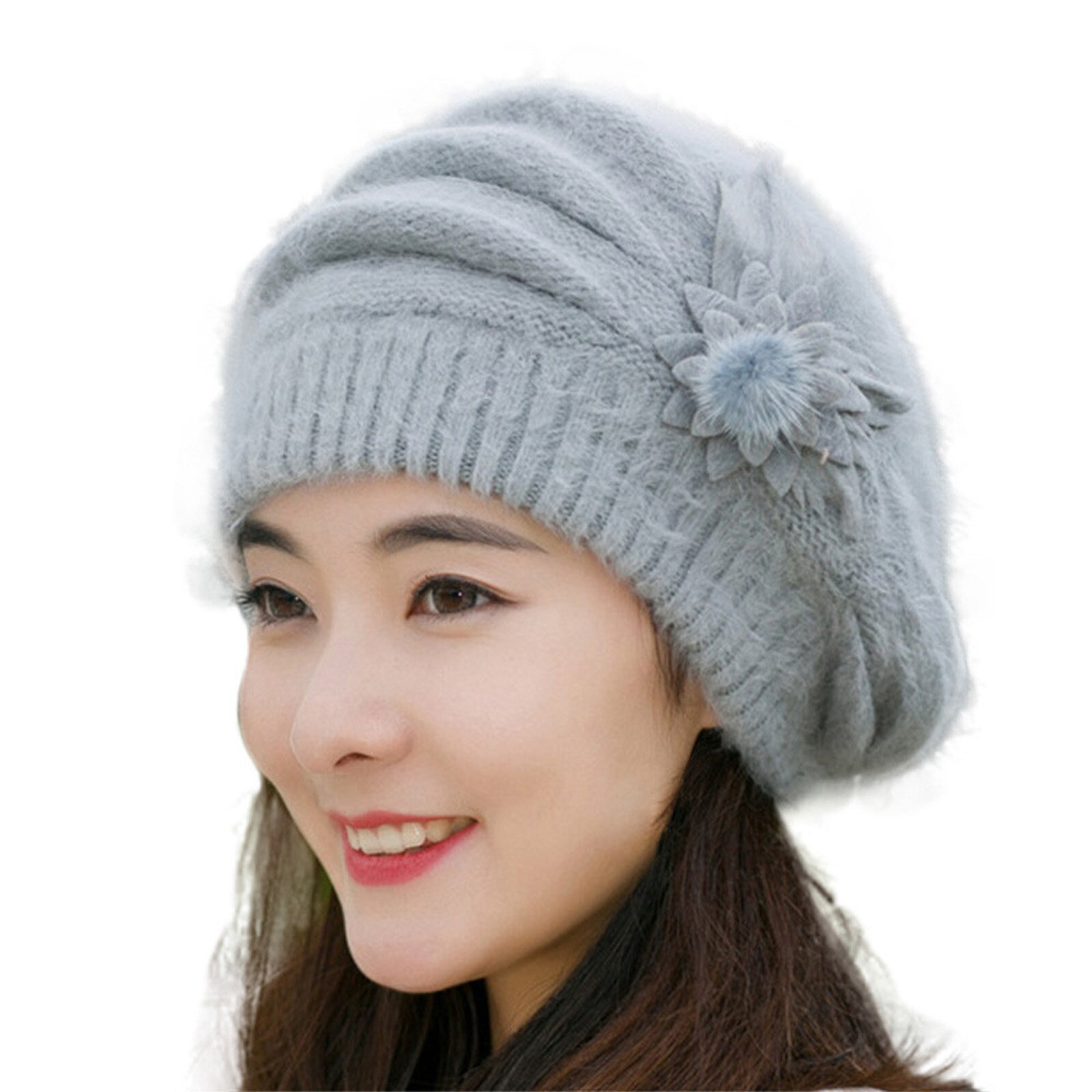 Dames Hoed Bloem Brei Haak Beanie Hat Winter Warm Cap Baret Meisje Mode Motorkap Cap Zachte wol Hoed: GY