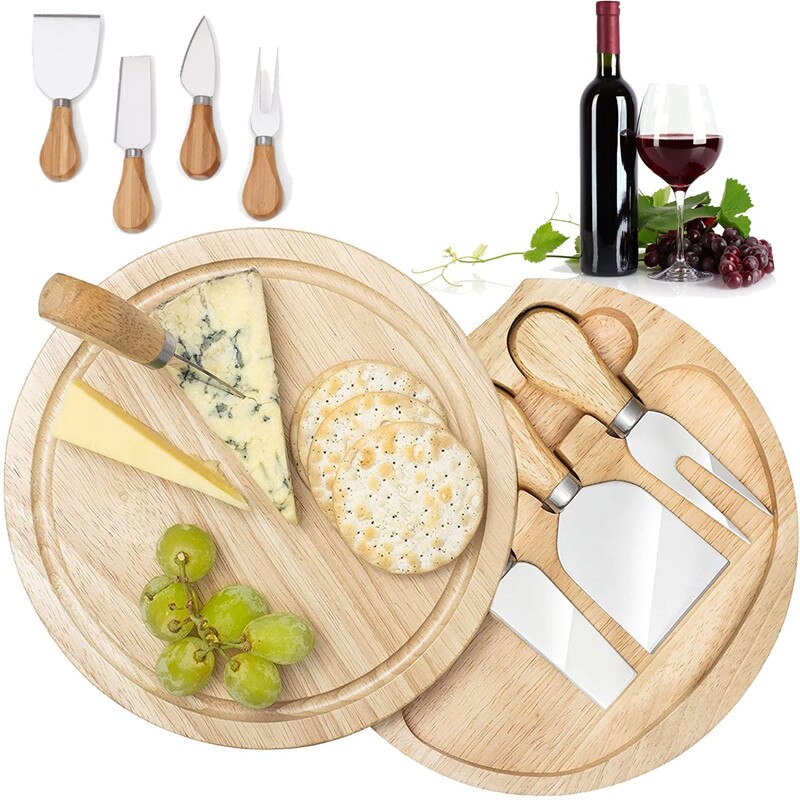 Bamboo Cheese Board Set With Round Board With 4 Stainless Steel Knives And Fork Suitable Use For Picnics And Parties