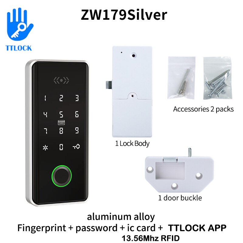 TTLOCK APP 13,56 Mhz RFID Smart Elektronische Schrank Türschloss Biometrische Fingerprint Schublade Schloss Smart Passwort Lock: ZW179 Silver