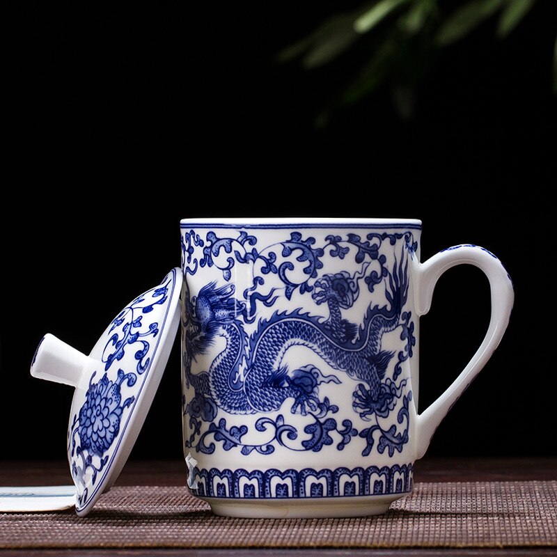 400ml jingdezhen keramiske tekopper med låg blå og hvid porcelæn drage mønster vand kop kinesisk kung fu te sæt mester krus