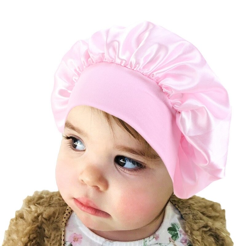 Baby Silky Satin Solid Wide-brimmed Sleeping Hat Girl Night Sleep Hair Cap Bonnet Nightcap For Children Unisex Hair Tool