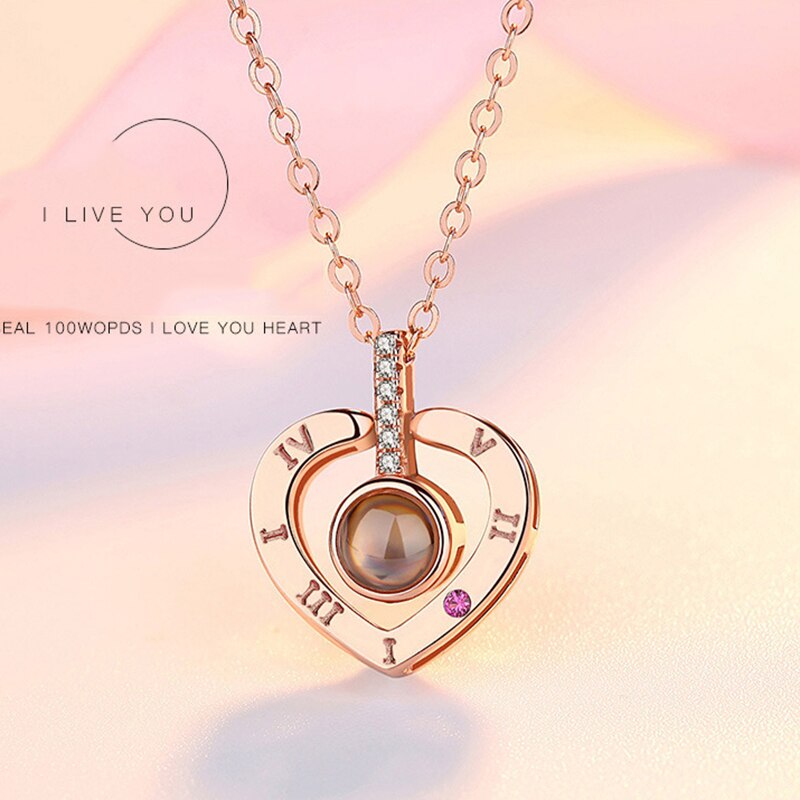 Rose Goud 100 Talen I Love U Projectie Hanger Ketting Voor Vrouwen Sieraden Liefde Geheugen Bruiloft Ketting Valentijnsdag