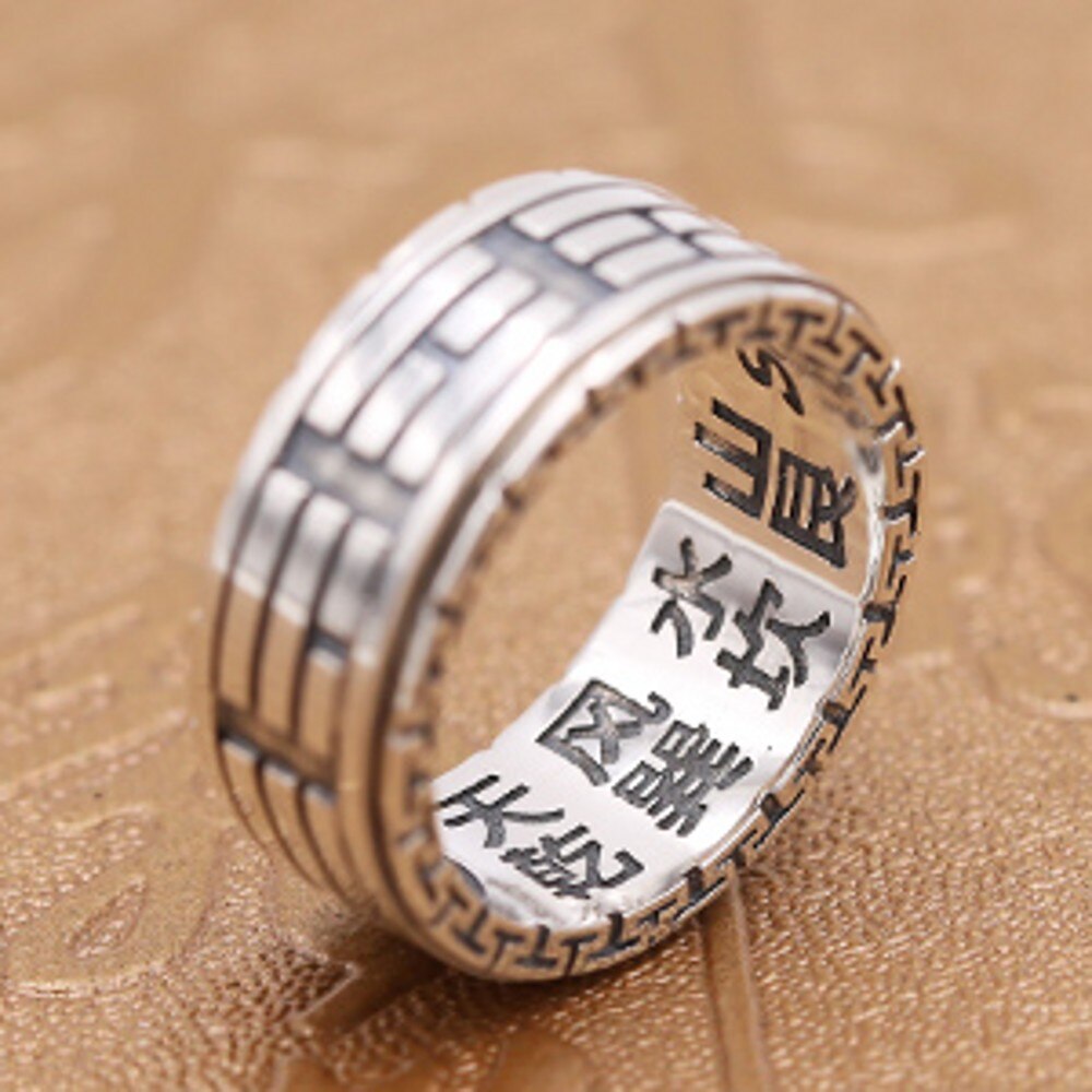 925 Puur Zilver Intime Taoïstische Yin Yang Vis Taiji Bagua Ring Rotatie Breed Retro Dominante Mannelijke
