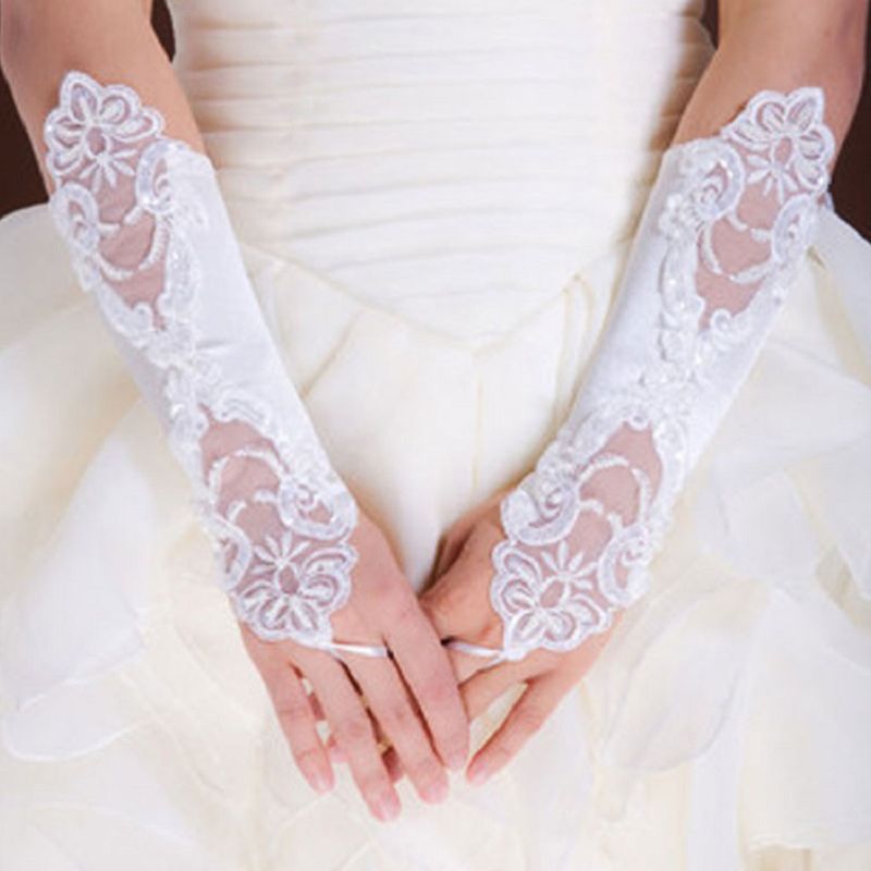 1 par de guantes largos de novia para mujer, sin dedos, bordados, encaje, lentejuelas brillantes, Color sólido, longitud del codo, mitones, gancho para el dedo