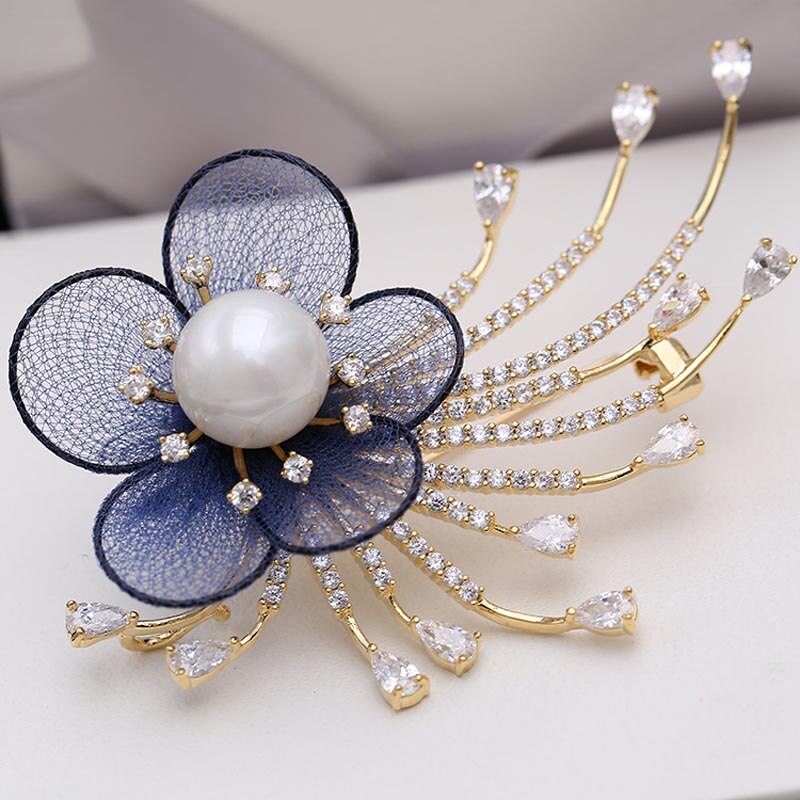 RED TREES Dress Brooch for Women - Plant Shape with Zircon & Pearl - Sterling Silver Alloy: Gold color